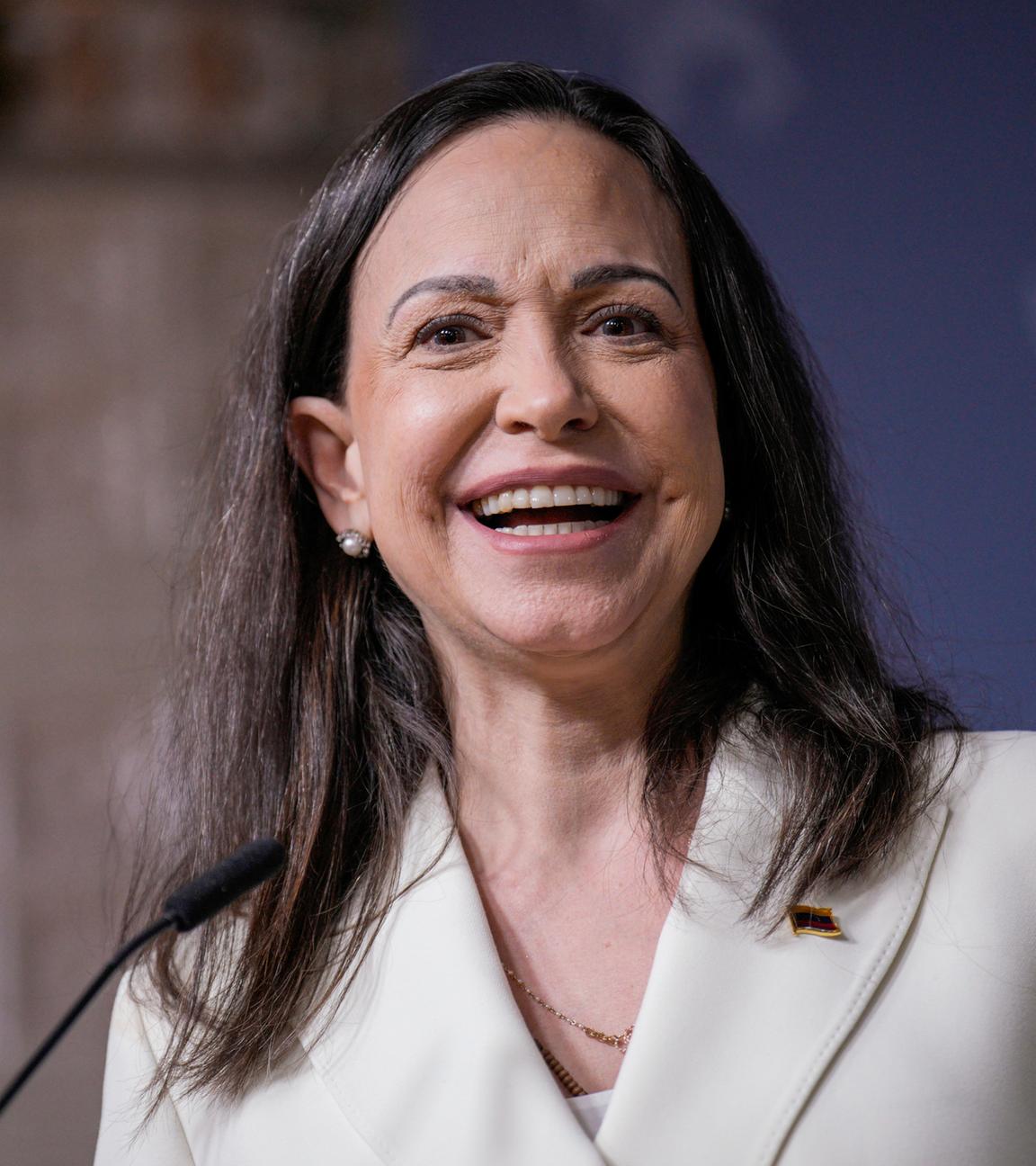 Friedensnobelpreisträgerin Maria Corina Machado während einer Pressekonferenz in der Regierungsvertretung in Oslo.