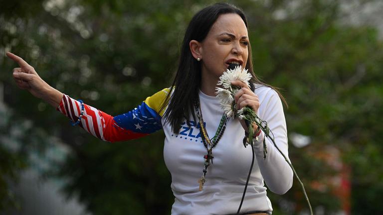 Venezuela, Carabas: Maria Corina Machado bei einem Protest am 9. Januar 2025.