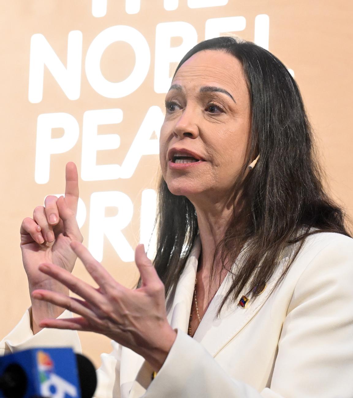 Die venezolanische Aktivistin und Politikerin Maria Corina Machado bei einer Pressekonferenz anlässlich der Verleihung des Friedensnobelpreises in Oslo.