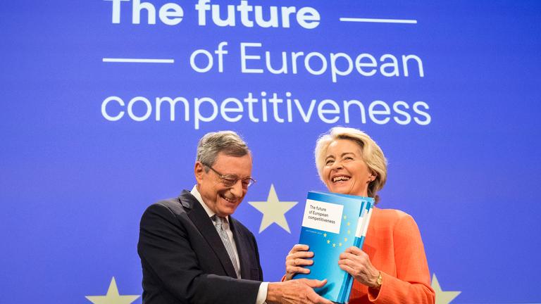 Mario Draghi und Ursula von der Leyen stellen Bericht über Europas Wettbewerbsfähigkeit vor.