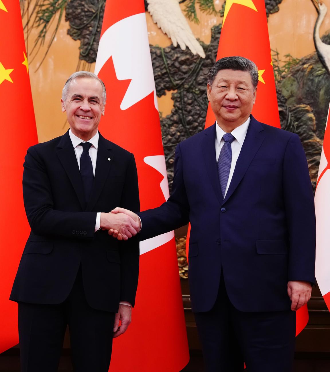 Der kanadische Premierminister Mark Carney trifft sich am 16.01.2026, mit dem chinesischen Präsidenten Xi Jinping in der Großen Halle des Volkes in Peking, China. 