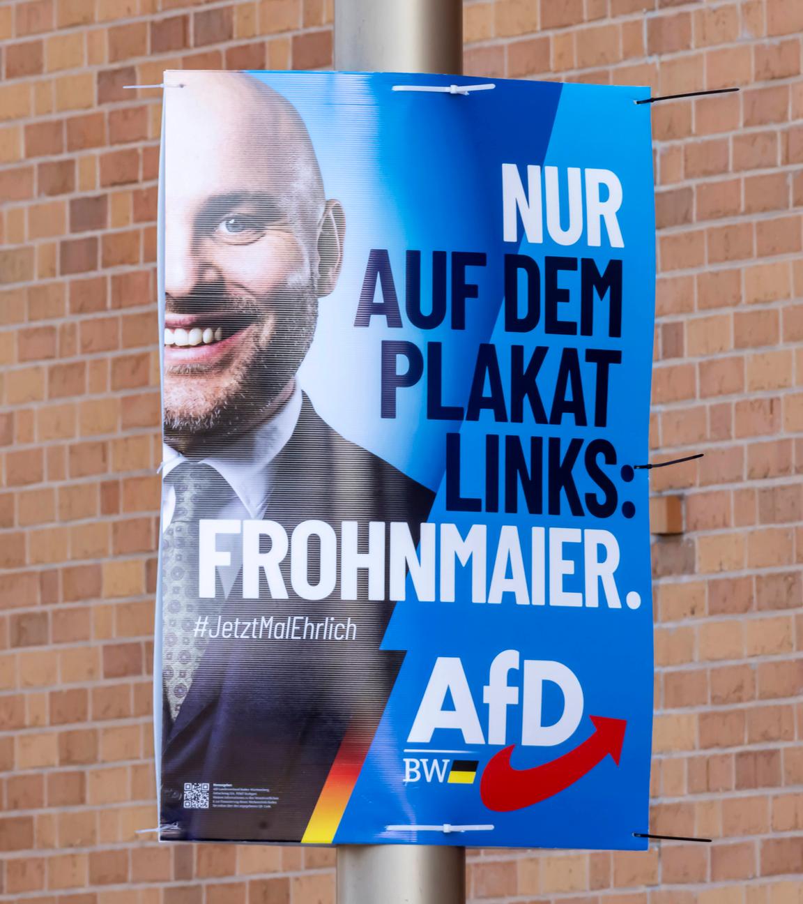 Wahlplakat des Spitzenkandidaten der Partei AfD, Markus Frohnmaier, am 08.02.2026 in Böblingen, Baden-Württemberg.
