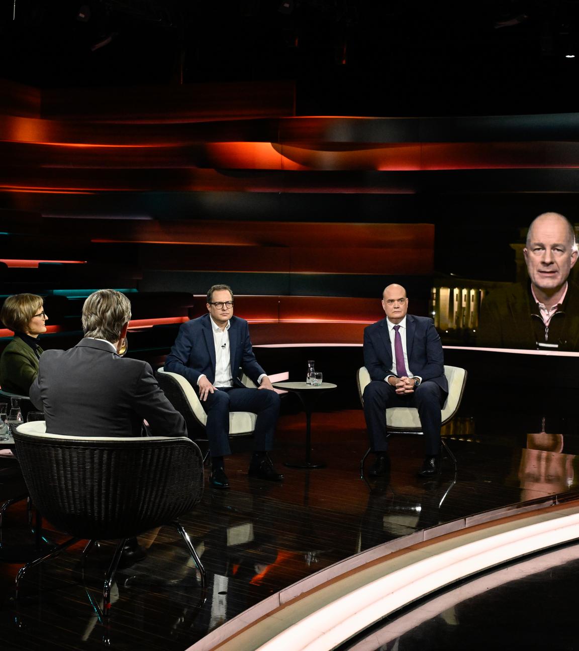 Markus Lanz von 15. Januar 2026: Franziska Brantner, Markus Lanz, Martin Huber, Robin Alexander, Christian Mölling