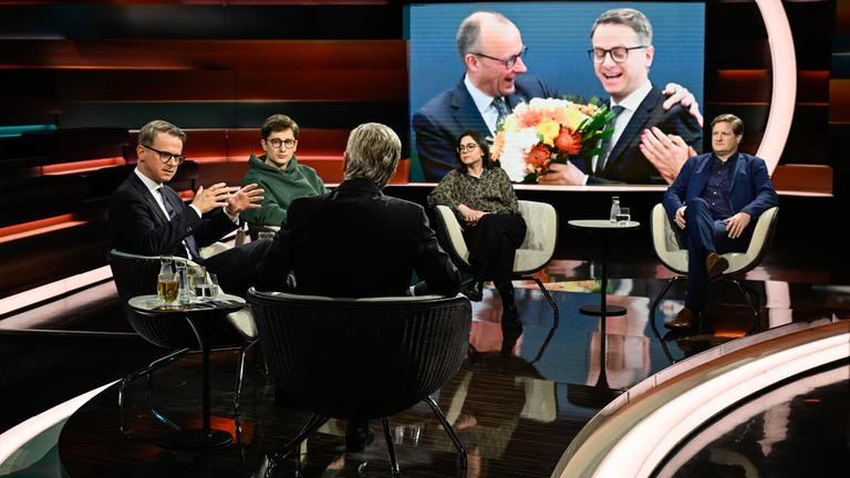 Markus Lanz vom 25. Februar 2025: Carsten Linnemann, Philipp Türmer, Markus Lanz, Anne Hähnig, Michael Bröcker
