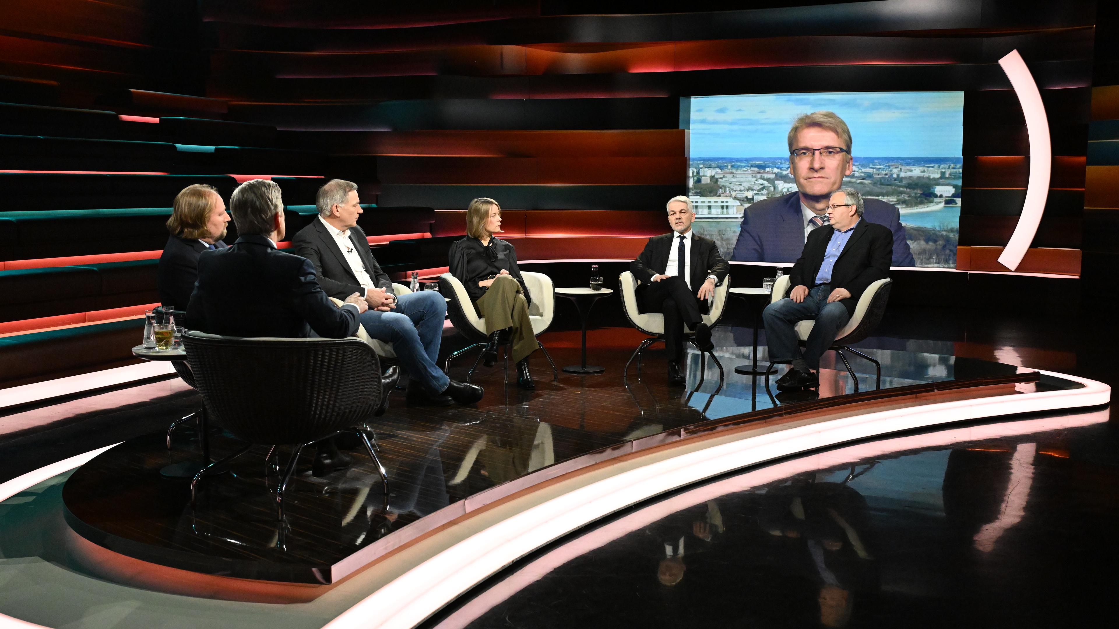Markus Lanz vom 4. März 2025: Anton Hofreiter, Markus Lanz, Jan van Aken, Sabine Rennefanz, Carlo Masala, Elmar Theveßen (zugeschaltet), Rüdiger Bachmann 