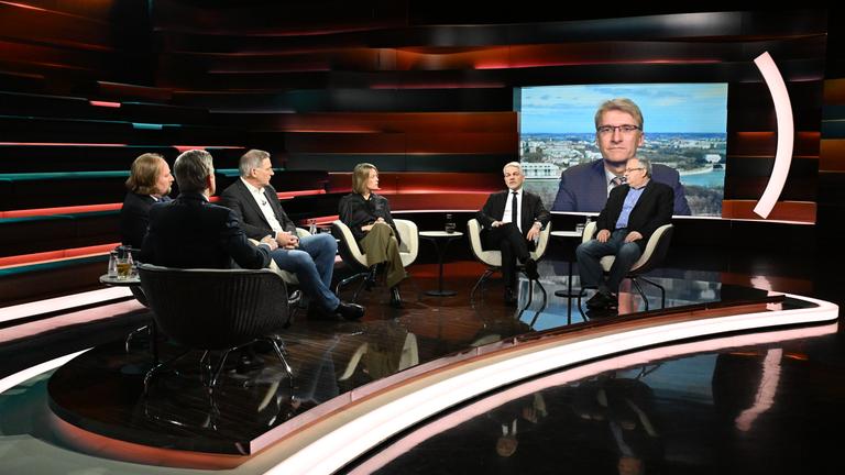 Markus Lanz vom 4. März 2025: Anton Hofreiter, Markus Lanz, Jan van Aken, Sabine Rennefanz, Carlo Masala, Elmar Theveßen (zugeschaltet), Rüdiger Bachmann 