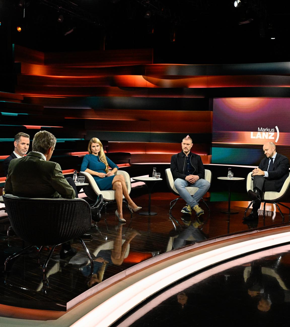Markus Lanz vom 9. Oktober 2025: Christian Dürr, Markus Lanz, Ulrike Franke, Sascha Lobo, Marc Felix Serrao