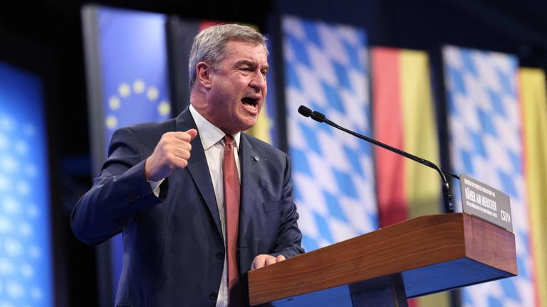 Der bayerische Ministerpräsident und Vorsitzende der konservativen Christlich-Sozialen Union (CSU), Markus Söder, hält am 23.10.2026 auf dem Parteitag der Christlich-Sozialen Union (CSU) in München eine Rede.