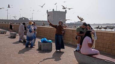 Menschen sitzen in der marrokanischen Stadt Essaouira am Wasser während Möven über ihnen fliegen.