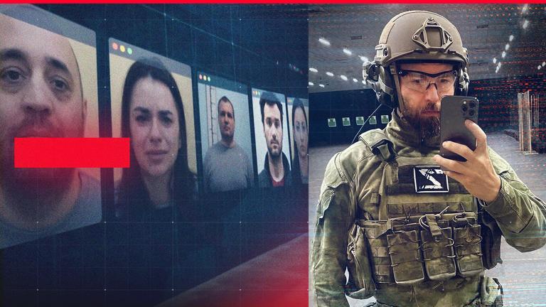 Splitscreen, rechts: Ex-Wirecard-Vorstand Jan Marsalek macht Selfie in Kampfuniform. Links: Fotos von Personen aus dem Spionagering, den Marsalek weltweit gesteuert hatte.