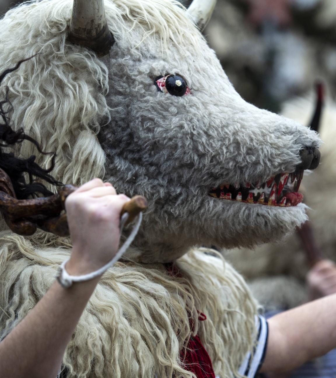 Man sieht einen Mann im Wolfskostüm