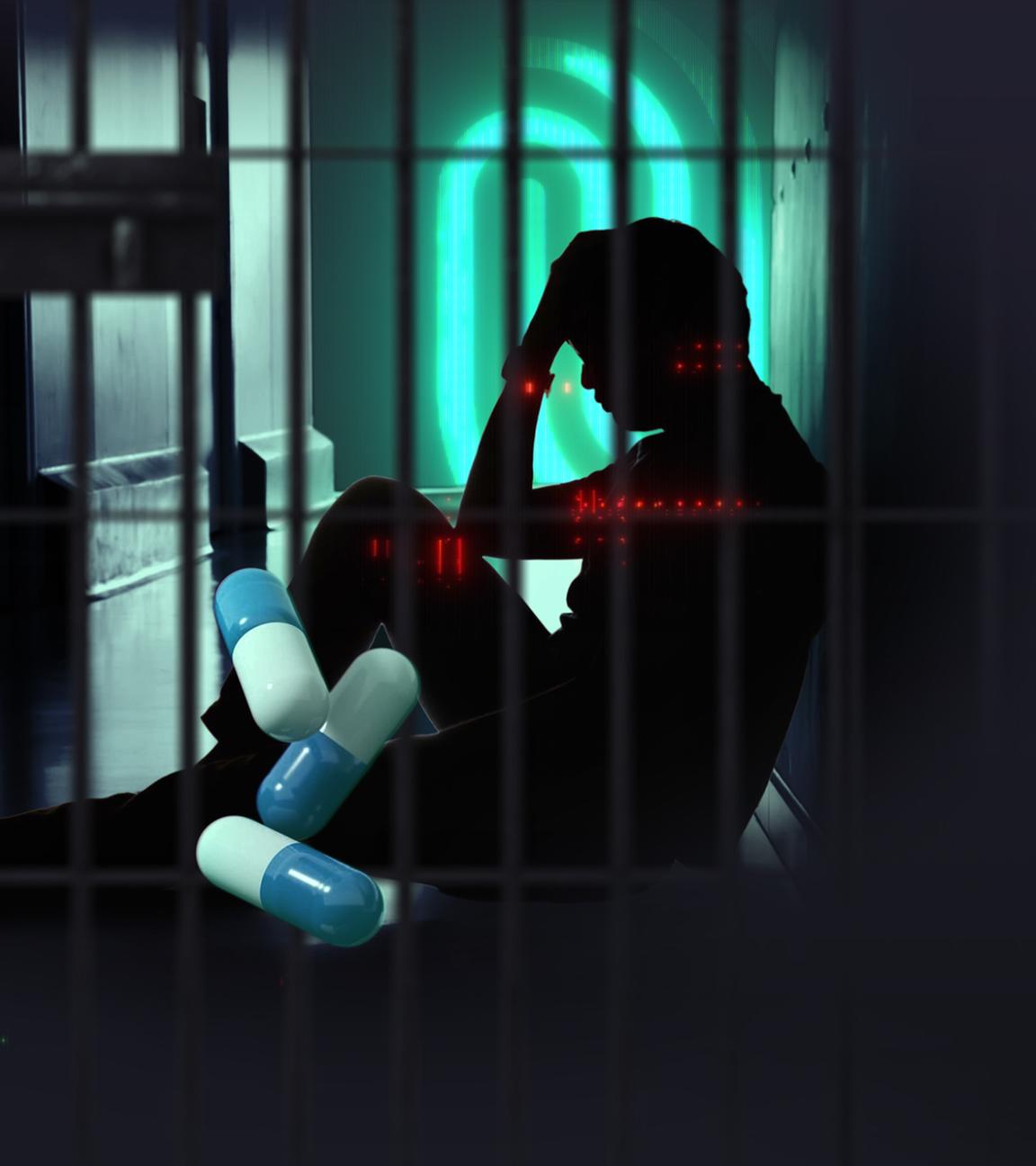 Silhouette einer sitzenden Person hinter Gitterstäben in einem dunklen Klinikflur, den Kopf in den Händen haltend; im Vordergrund liegen bunte Kapsel‑Medikamente, umgeben von abstrakten roten Lichtpunkten.