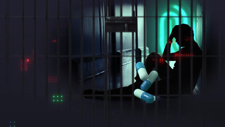 Silhouette einer sitzenden Person hinter Gitterstäben in einem dunklen Klinikflur, den Kopf in den Händen haltend; im Vordergrund liegen bunte Kapsel‑Medikamente, umgeben von abstrakten roten Lichtpunkten.