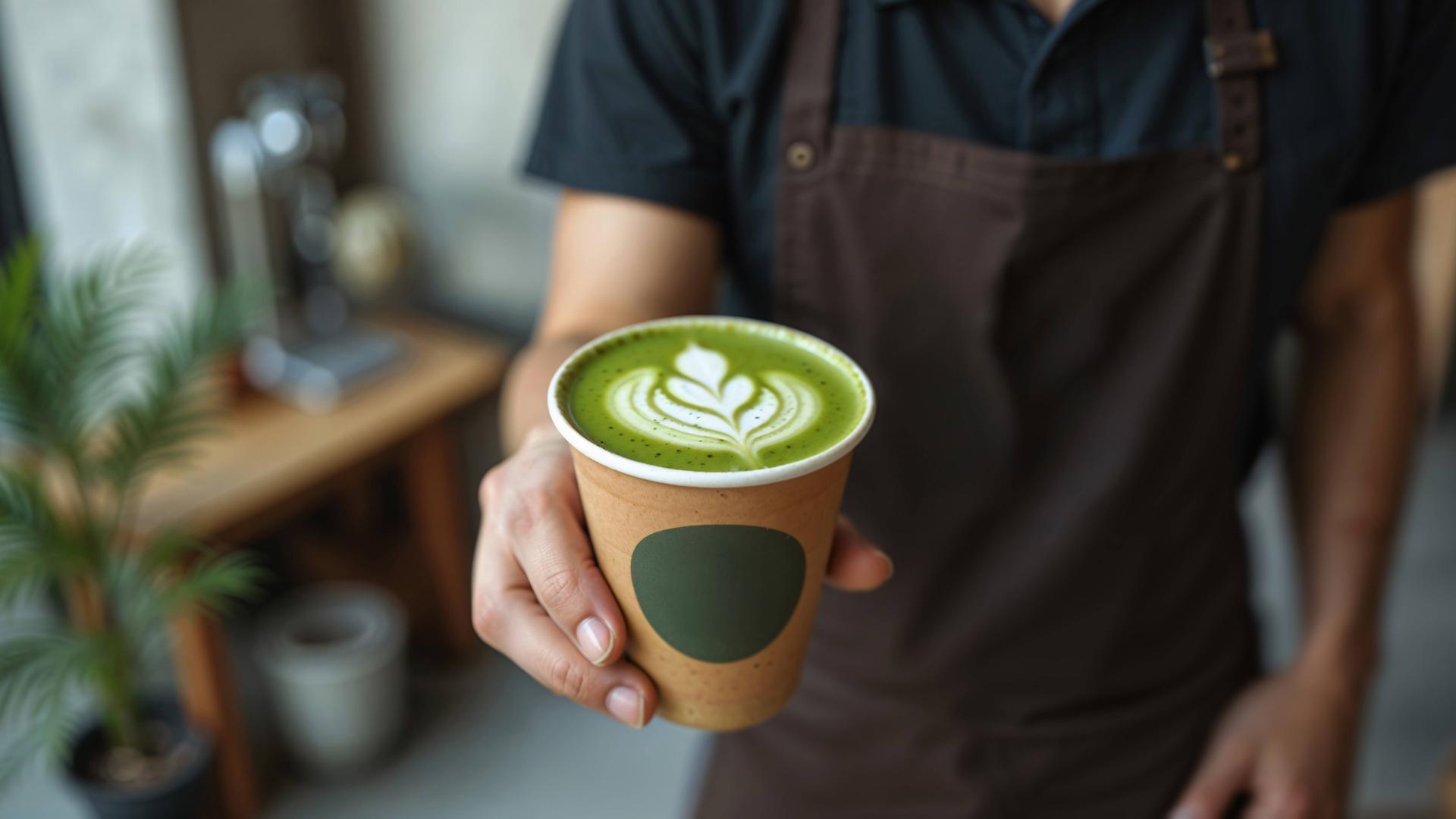 Barista überreicht Becher mit Matcha Latte an Kunden.