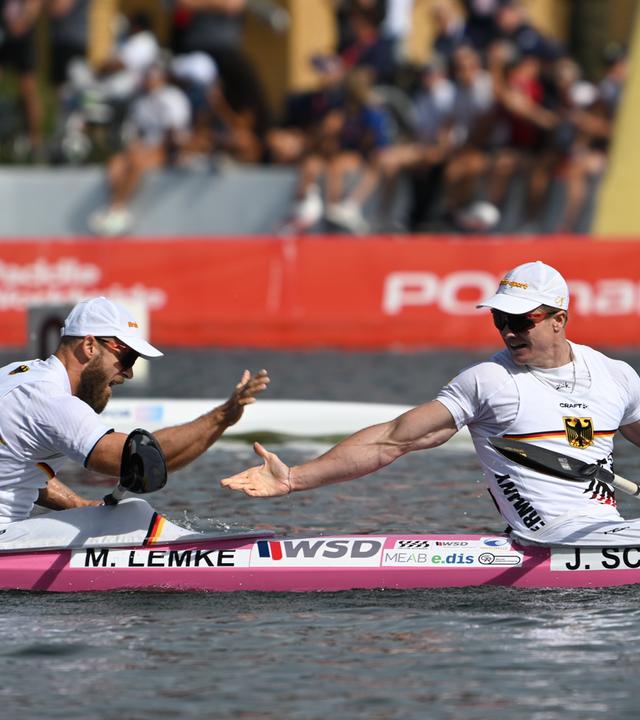 Jacob Schopf und Max Lemke aus Deutschland reagieren am 30.08.2026 in Posen. 