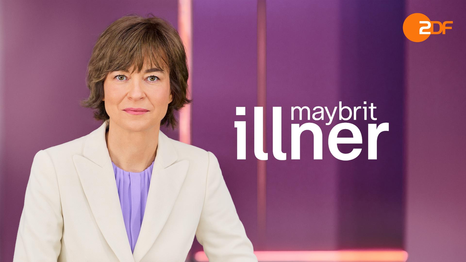 Auf dem Bild ist Maybrit Illner vor einenr violetten Wand zu sehen, sie schaut in die Kamera. Neben ihr ist das Sendungslogo von Maybrit Illner zu sehen 