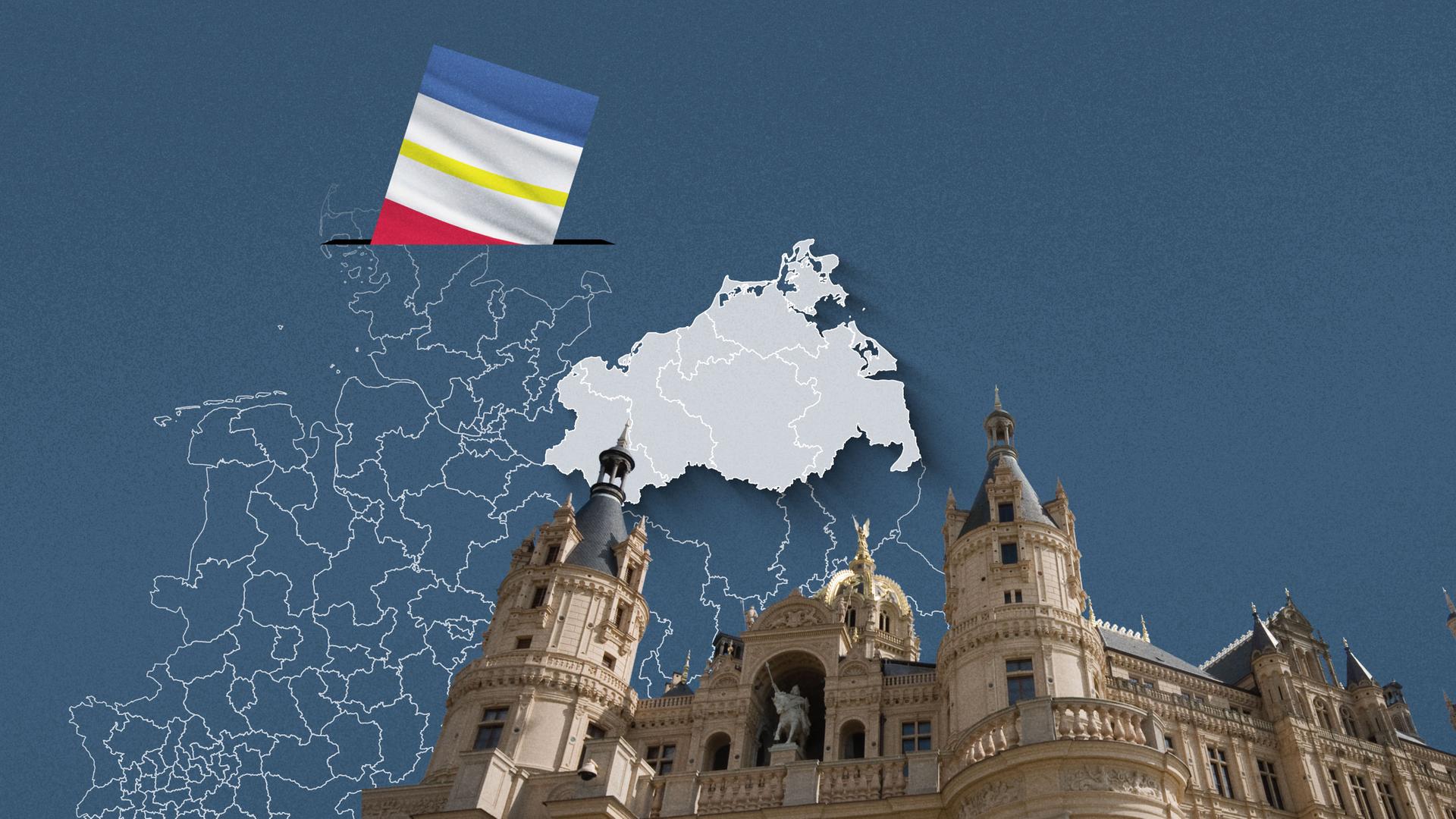 Foto vom Schloss Schwerin, davor eine Wahlkreis-Karte von Mecklenburg-Vorpommern und die Flagge