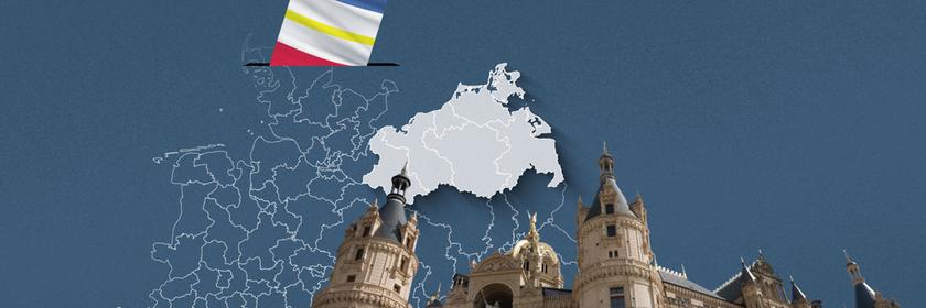 Foto vom Schloss Schwerin, davor eine Wahlkreis-Karte von Mecklenburg-Vorpommern und die Flagge