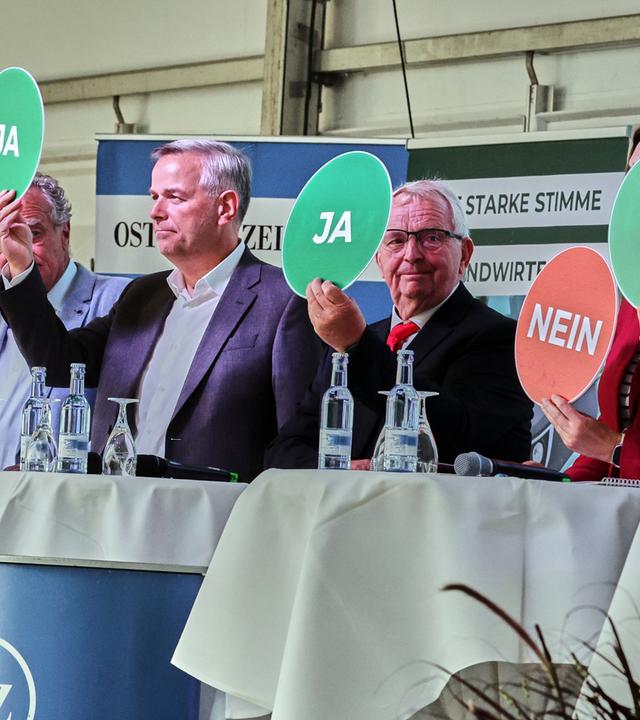 11.09.2026, Mecklenburg-Vorpommern, Mühlengeez: Sabine Firnhaber (BSW) (l-r), Uwe Ahlers (FDP), Leif-Eric Holm (AfD), Ministerpräsident-Kandidat, Till Backhaus (SPD), Landwirtschaftsminister des Landes Mecklenburg-Vorpommern, Claudia Müller (Grüne), und Beate Schlupp (CDU) bei der Wahlarena des Bauernverbandes Mecklenburg-Vorpommern auf der Mecklenburgischen Landwirtschaftsausstellung MeLa.