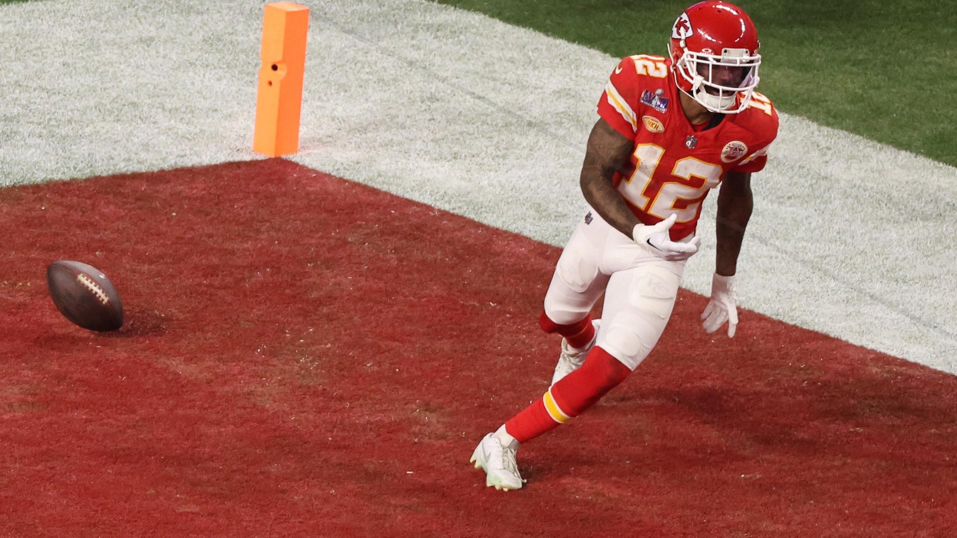Football - NFL - Super Bowl, Kansas City Chiefs - San Francisco 49ers am 12.2.2024: Mecole Hardman erzielt den entscheidenden Touchdown