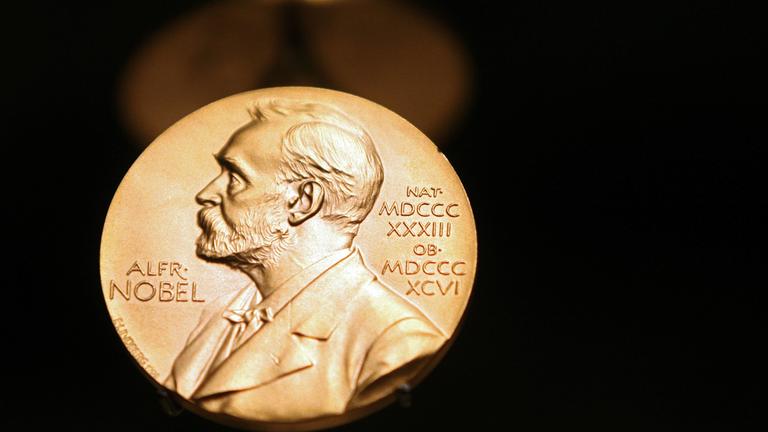 Ansicht auf die Nobelpreismedaille mit Auschrift und Profil Alfred Nobels
