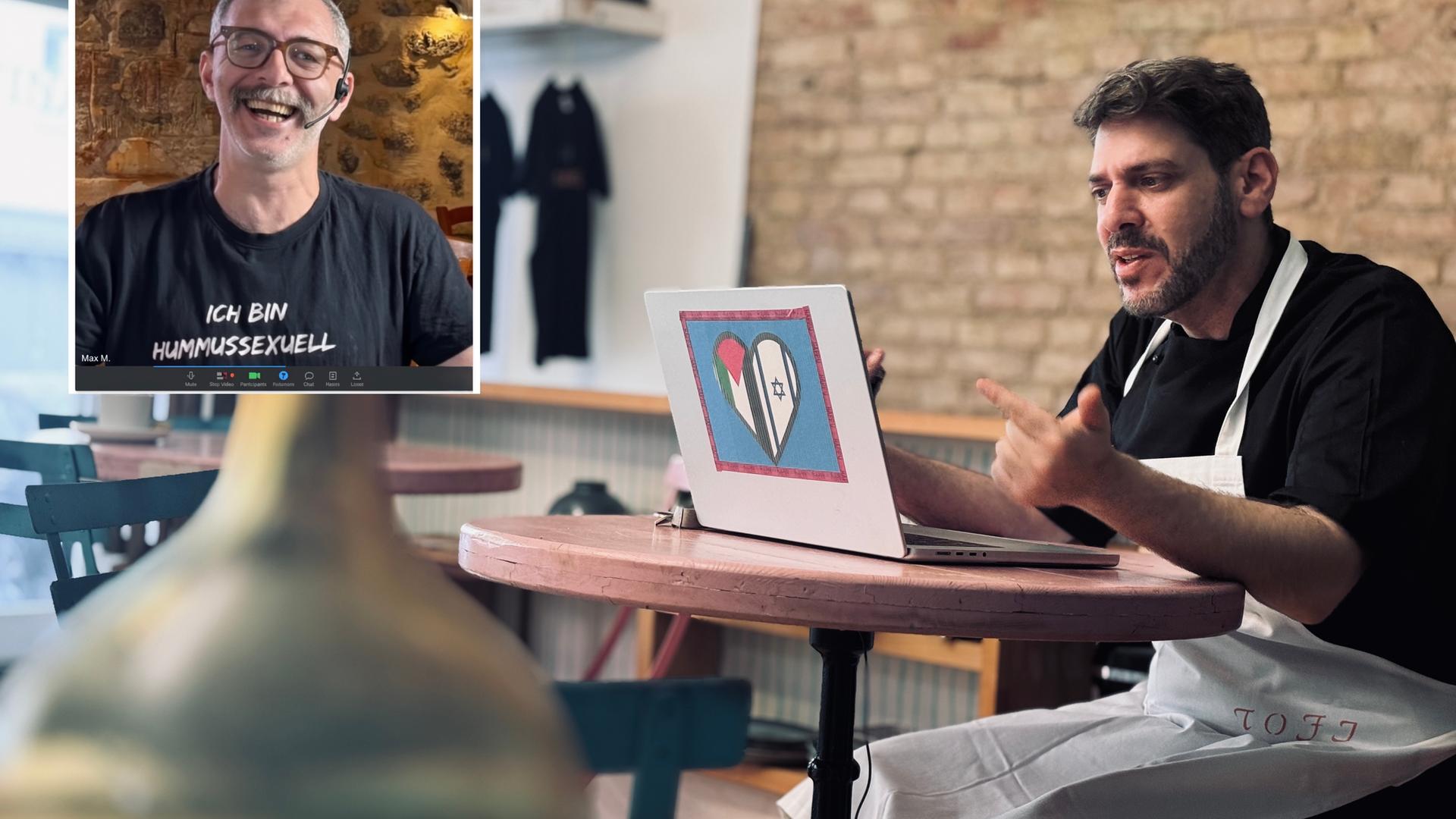 Der jüdische Restaurantbesitzer Oz Ben David aus Israel (r.) im täglichen Video-Call mit seinem palästinensischen Geschäftspartner Jalil Dabit.
