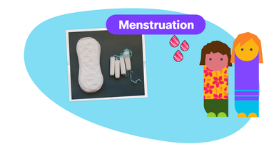 Grafik: SChriftzug "Menstruation" mit Bluttropfen, daneben zwei grafische Emos und links davon ein Foto mit Tampons und Binden