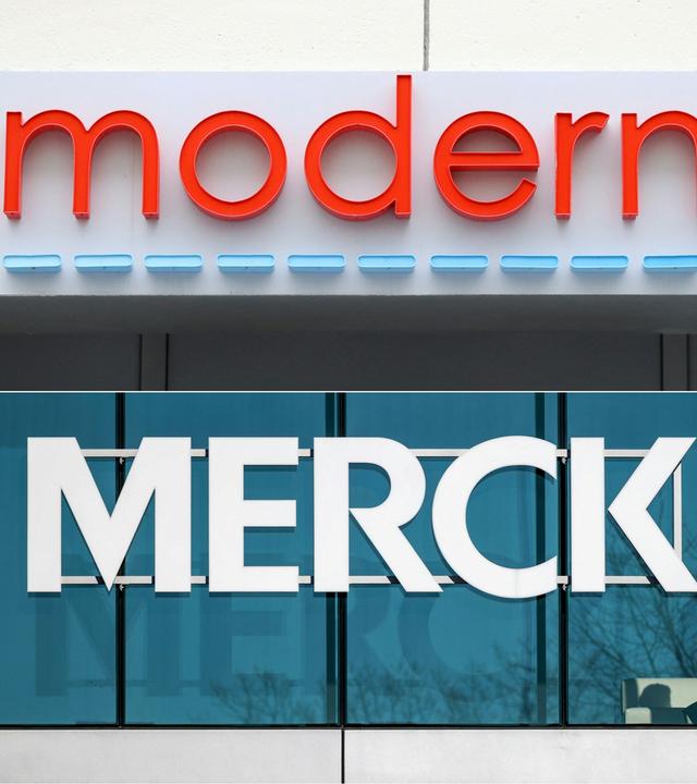 Diese am 19. August 2026 erstellte Bildkombination zeigt das Moderna-Logo am Unternehmenssitz in Cambridge, Massachusetts (8. Mai 2020), sowie das Merck-Logo am Unternehmenssitz in Rahway, New Jersey (5. Februar 2024).