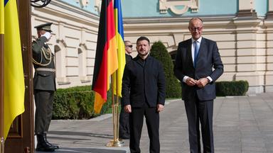 Germany's Chancellor Friedrich Merz (R) and Ukraine's President Volodymyr Zelensky (L) attend their meeting at the Mariinskyi Palace in Kyiv, Ukraine, 04 October 2026. Friedrich Merz arrived in Kyiv to meet with top Ukrainian officials amid the ongoing Russian invasion. 