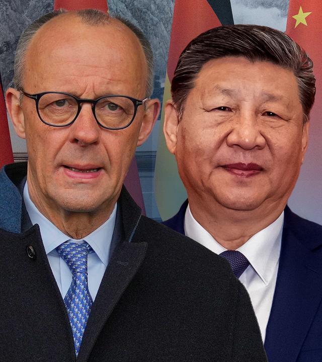 Merz und Xi vor den Fahnen von Deutschland und China.