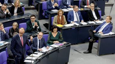 Friedrich Merz redet im Bundestag, die AfD-Fraktion im Hintergrund.
