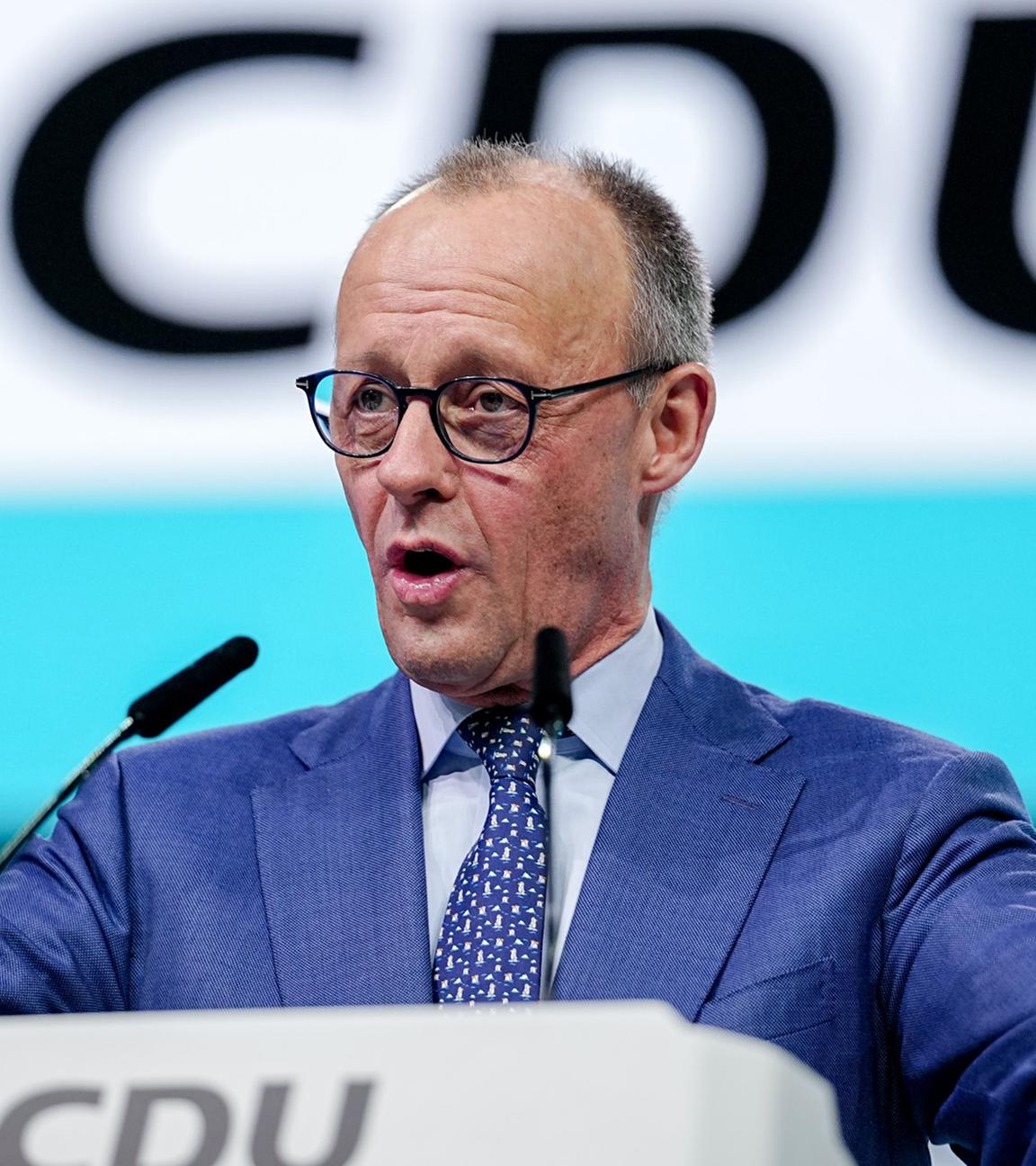 Friedrich Merz hält während des CDU-Bundesparteitags 2026 in Stuttgart am 21.02.2026 eine Rede.