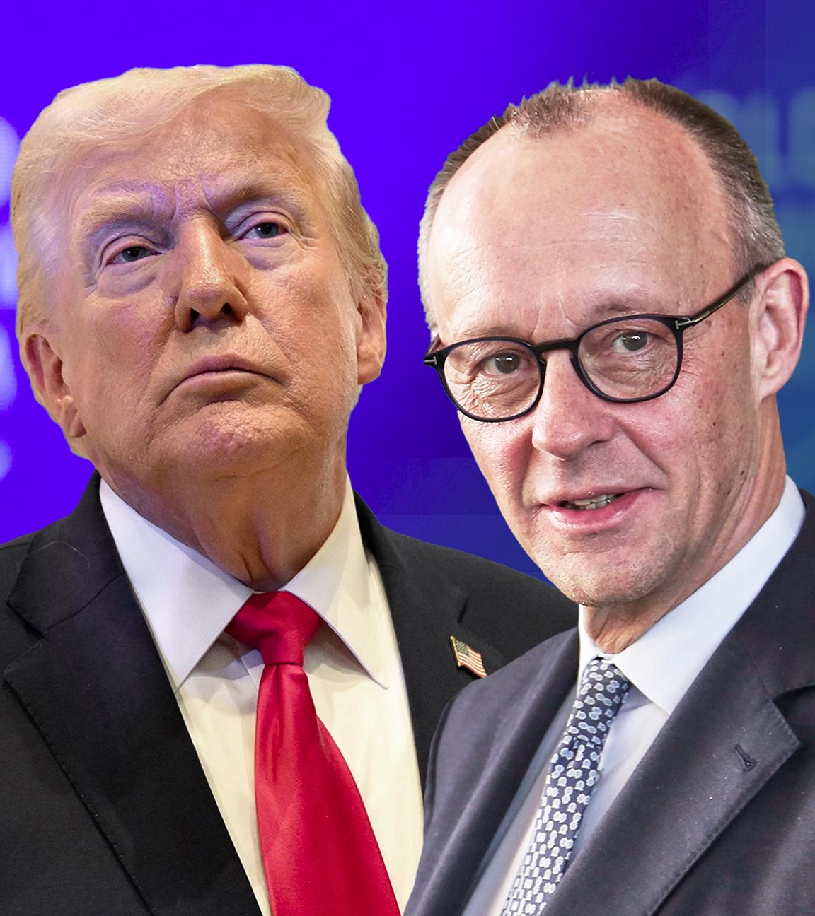 Donald Trump und Friedrich Merz vor blauem Hintergrund