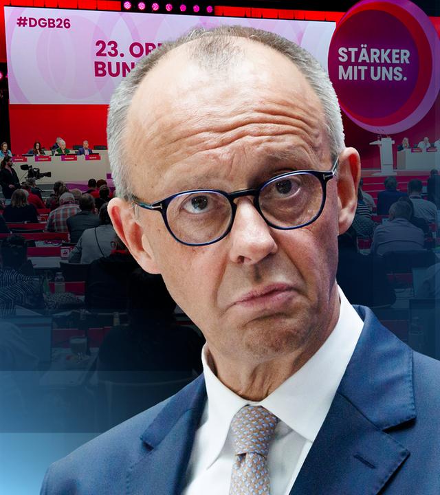 Bundeskanzler Friedrich Merz im Vordergrund, im Hintergrund ein Bild der Bühne des DGB-Bundeskongress.