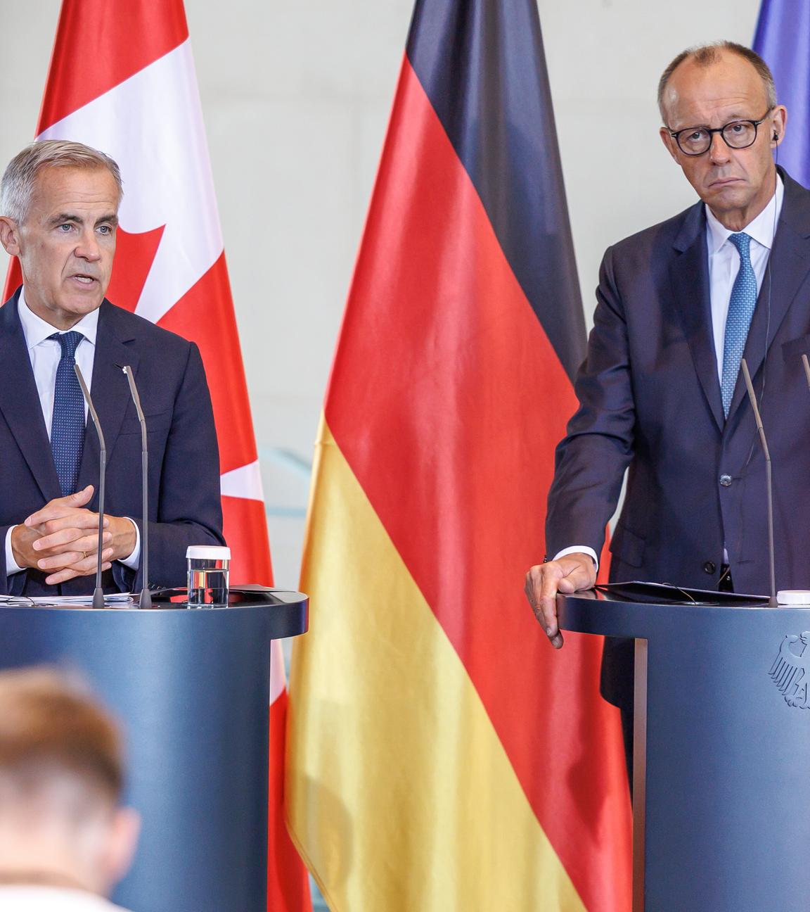 Pressekonferenz des Premierminister von Kanada, Mark Carney und Bundeskanzler Friedrich Merz (CDU), im Bundeskanzleramt in Berlin am 26. August 2025.