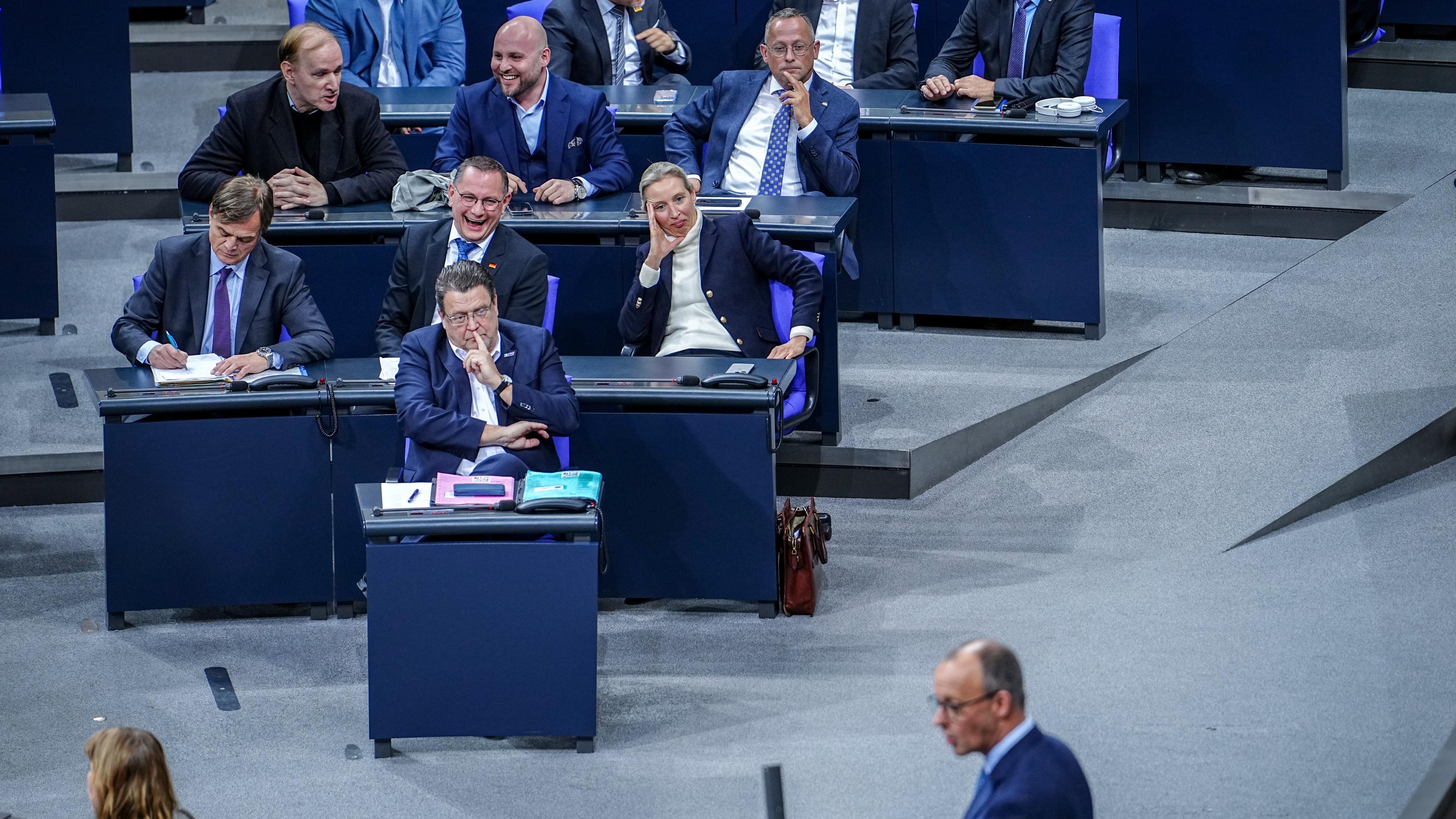 29.01.2025, Berlin: AfD-Abgeordnete mit Bernd Baumann, Tino Chrupalla, AfD-Bundesvorsitzender und Fraktionsvorsitzender der AfD, Stephan Brandtner und Alice Weidel, Fraktionsvorsitzende der AfD, lachen nach der Abstimmung während der Rede von Friedrich Merz, CDU-Bundesvorsitzender (vorne). 