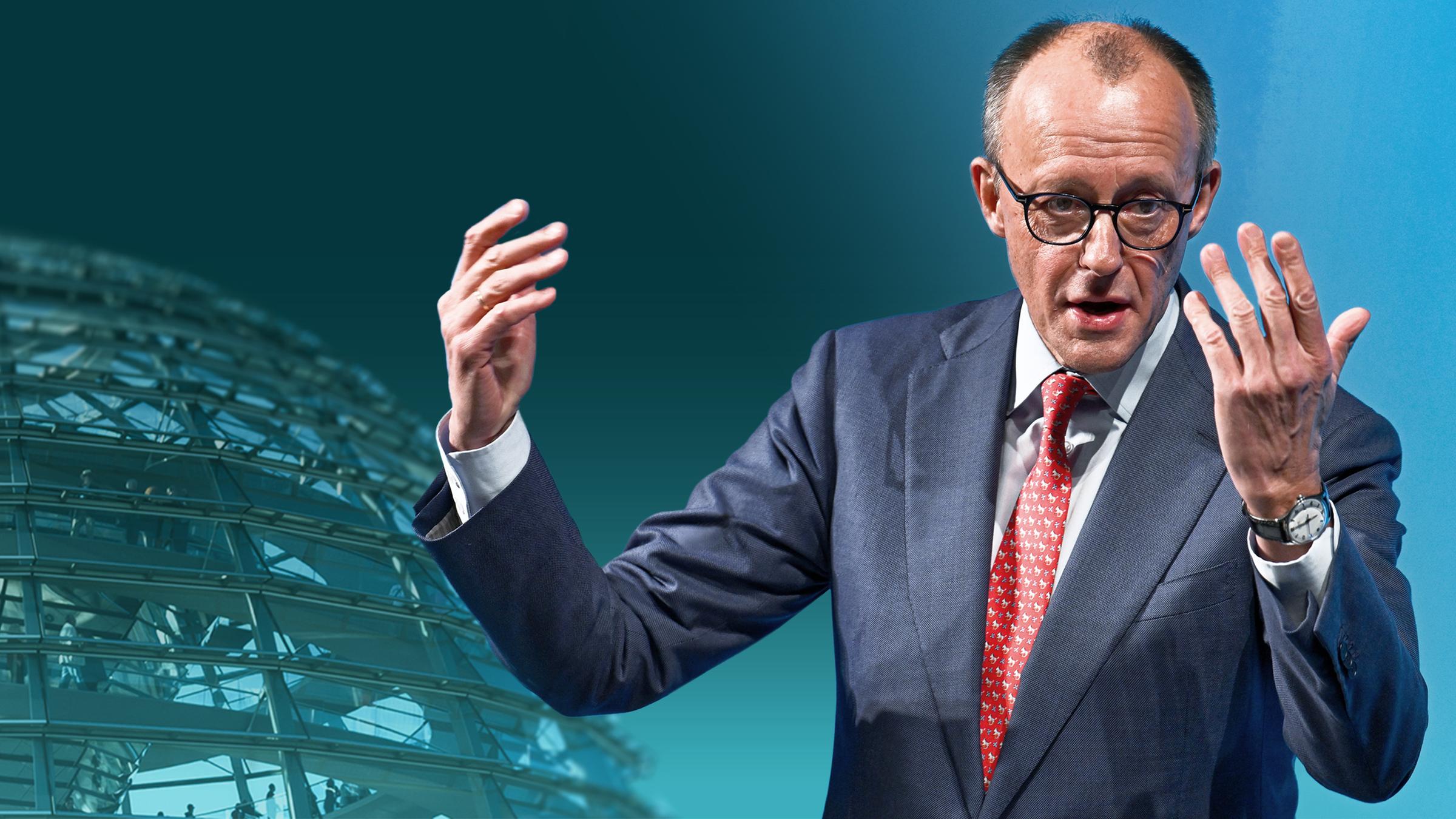 Das Bild zeigt einen gestikulierenden Bundeskanzler Friedrich Merz.