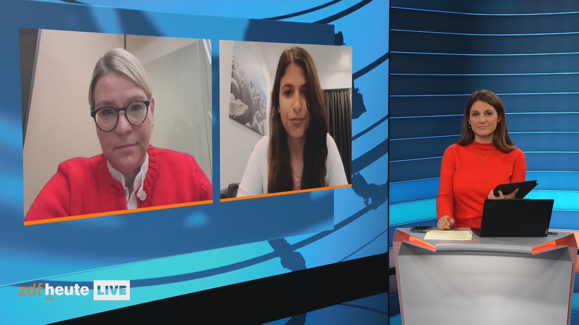 Nicola Gehringer und Daniela Sepehri über VideoCall zugeschaltet ins ZDFheute Live Studio.