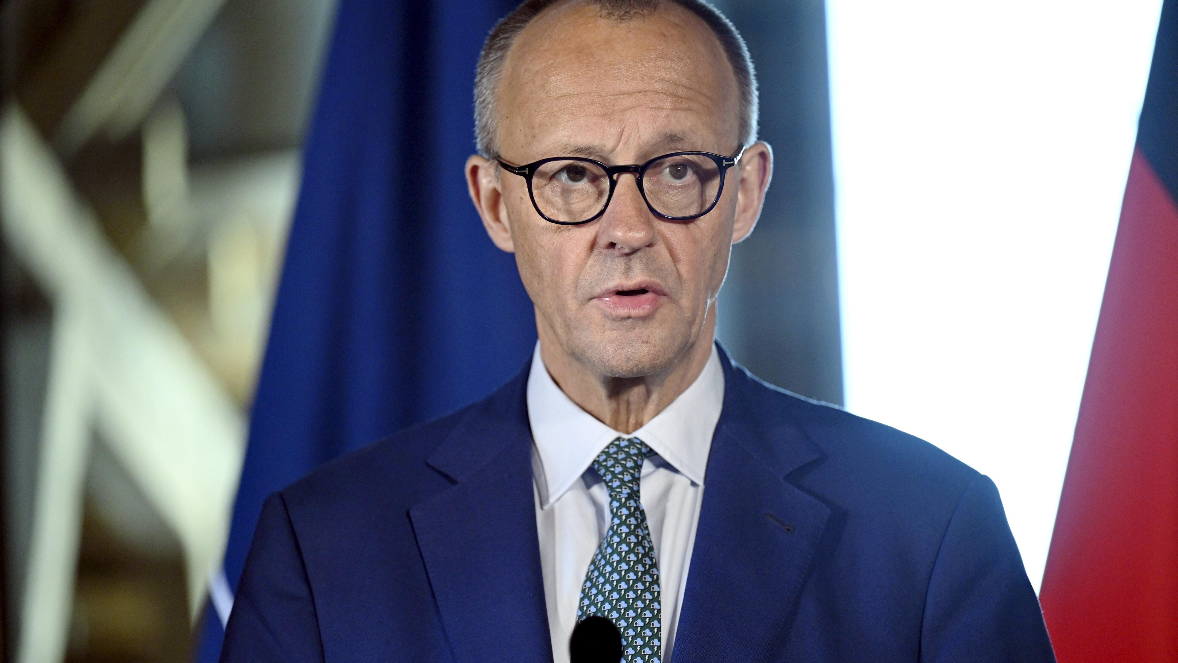 German Chancellor Friedrich Merz speaks during his joint press conferance with Finnish Prime Minister in Turku, Finland, on May 27, 2025.