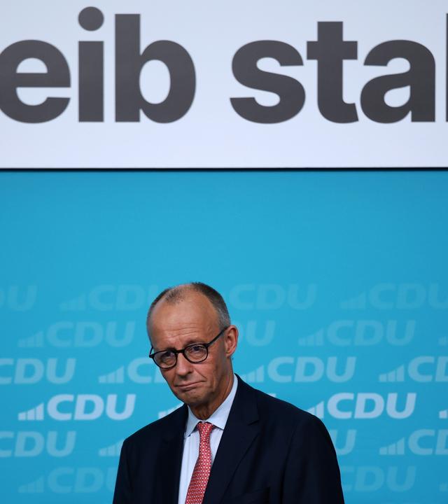 Der deutsche Bundeskanzler Friedrich Merz nimmt an der Wahlkampfveranstaltung der CDU vor der Landtagswahl in Berlin teil.