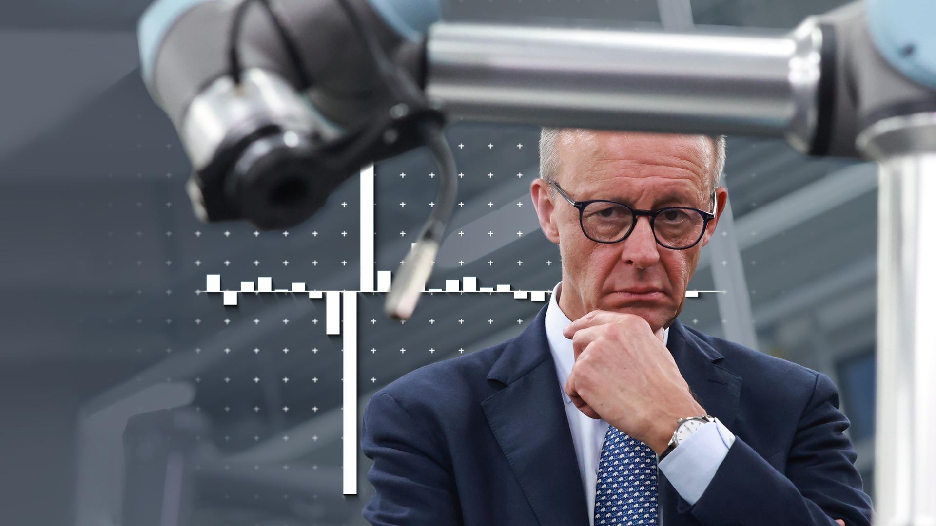 Bundeskanzler Friedrich Merz vor einem Roboterarm, daneben eine Grafik zum Bruttoinlandsprodukt
