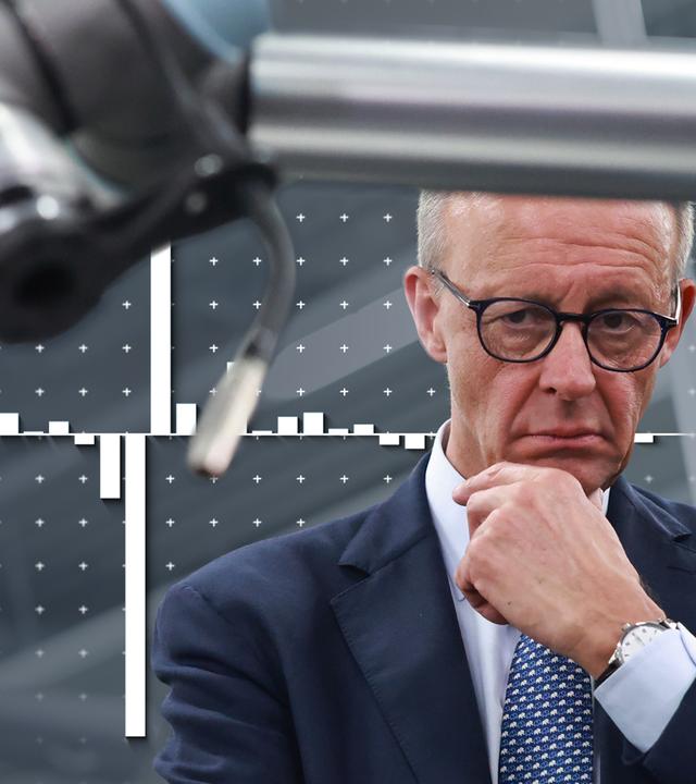 Bundeskanzler Friedrich Merz vor einem Roboterarm, daneben eine Grafik zum Bruttoinlandsprodukt