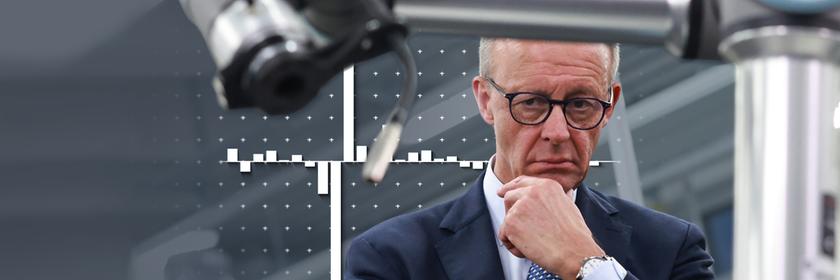 Bundeskanzler Friedrich Merz vor einem Roboterarm, daneben eine Grafik zum Bruttoinlandsprodukt