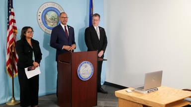 Nevada Attorney General Aaron Ford speaks about Nevadas consumer protection settlement with Meta, during a news conference in Las Vegas, Nevada, on August 26, 2026. Meta agreed to pay US states as much as $16.7 billion and to impose sweeping new limits on how teenagers use Facebook and Instagram, according to a court filing on Wednesday that ends a landmark trial underway in California. The proposed settlement, filed in federal court, would resolve claims by a coalition of 29 US states that Meta deliberately engineered its platforms to hook young users, misled the public about the risks and unlawfully collected data from children under 13.