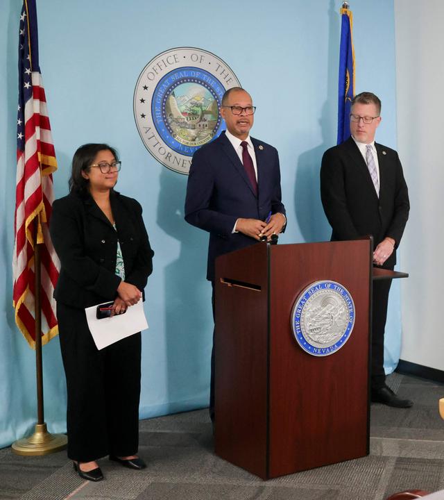 Nevada Attorney General Aaron Ford speaks about Nevadas consumer protection settlement with Meta, during a news conference in Las Vegas, Nevada, on August 26, 2026. Meta agreed to pay US states as much as $16.7 billion and to impose sweeping new limits on how teenagers use Facebook and Instagram, according to a court filing on Wednesday that ends a landmark trial underway in California. The proposed settlement, filed in federal court, would resolve claims by a coalition of 29 US states that Meta deliberately engineered its platforms to hook young users, misled the public about the risks and unlawfully collected data from children under 13.