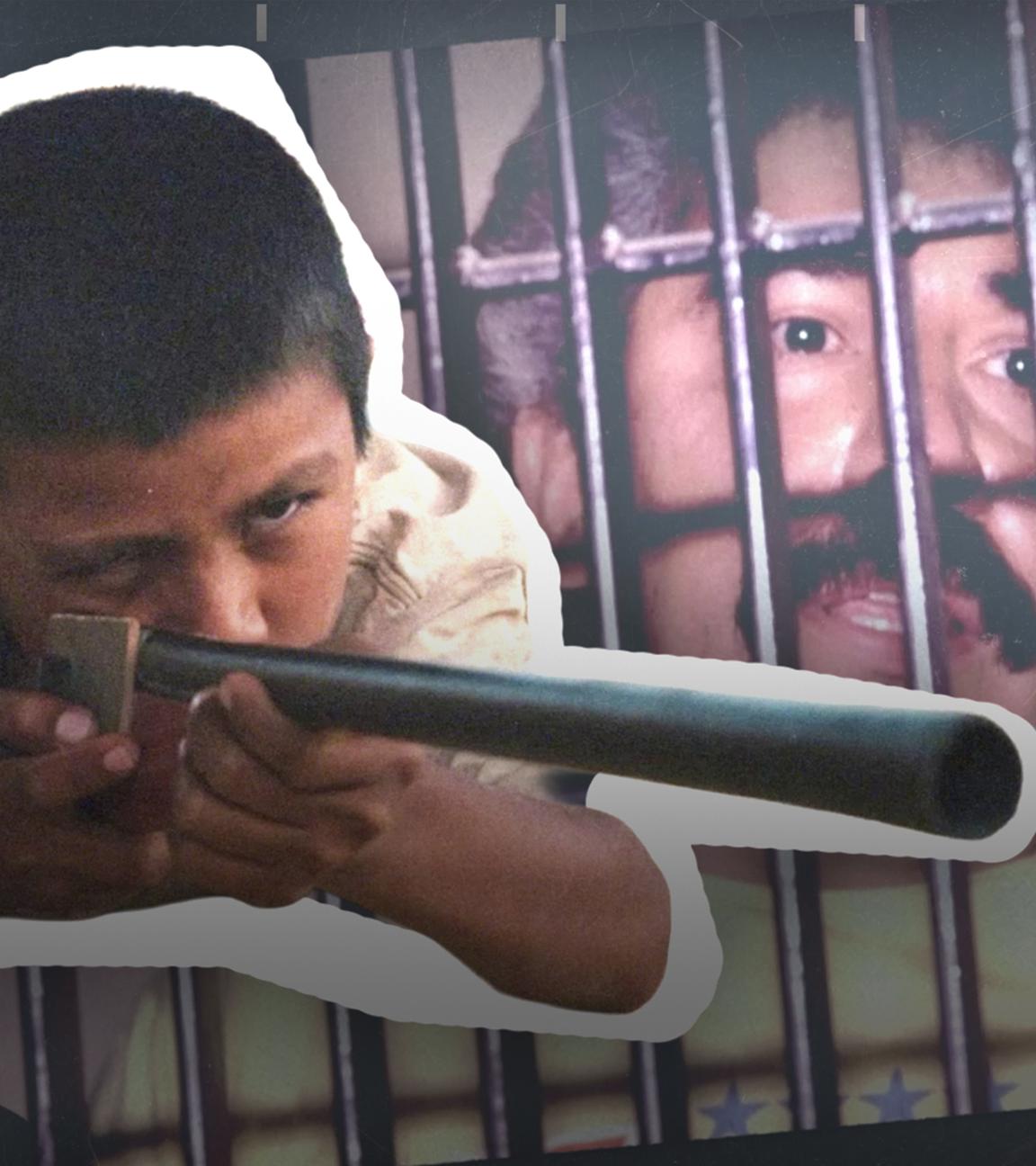 Junge mit Waffe vor Mann hinter Gitter (Montage).