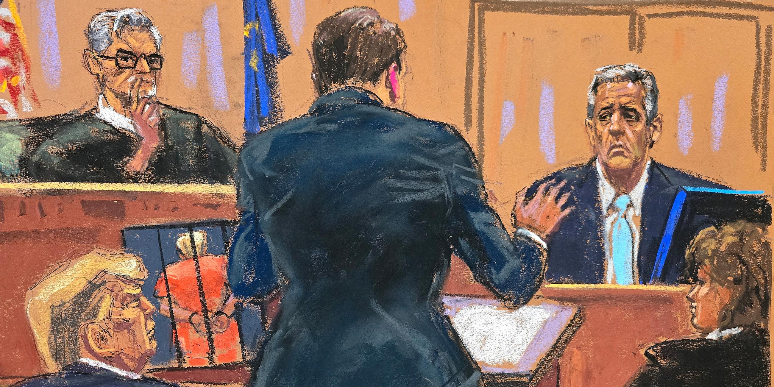 Michael Cohen wird vom Verteidiger Todd Blanche ins Kreuzverhör genommen, während Donald Trump zusieht, aufgenommen am 14.05.2024 in New York