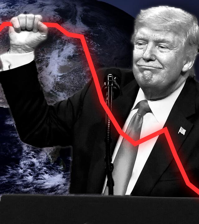 US-Präsident Donald Trump steht an einem Rednerpult. Im Hintergrund ist die Erdkugel aus dem Weltall betrachtet zu sehen. In der Montage hält Trump einen Aktienkurs fest in der rechten Hand.