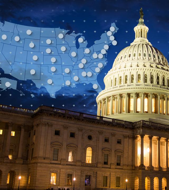Der Kongress in den USA bei Nacht, daneben eine Karte der USA mit den zu wählenden Sitzen im Senat.