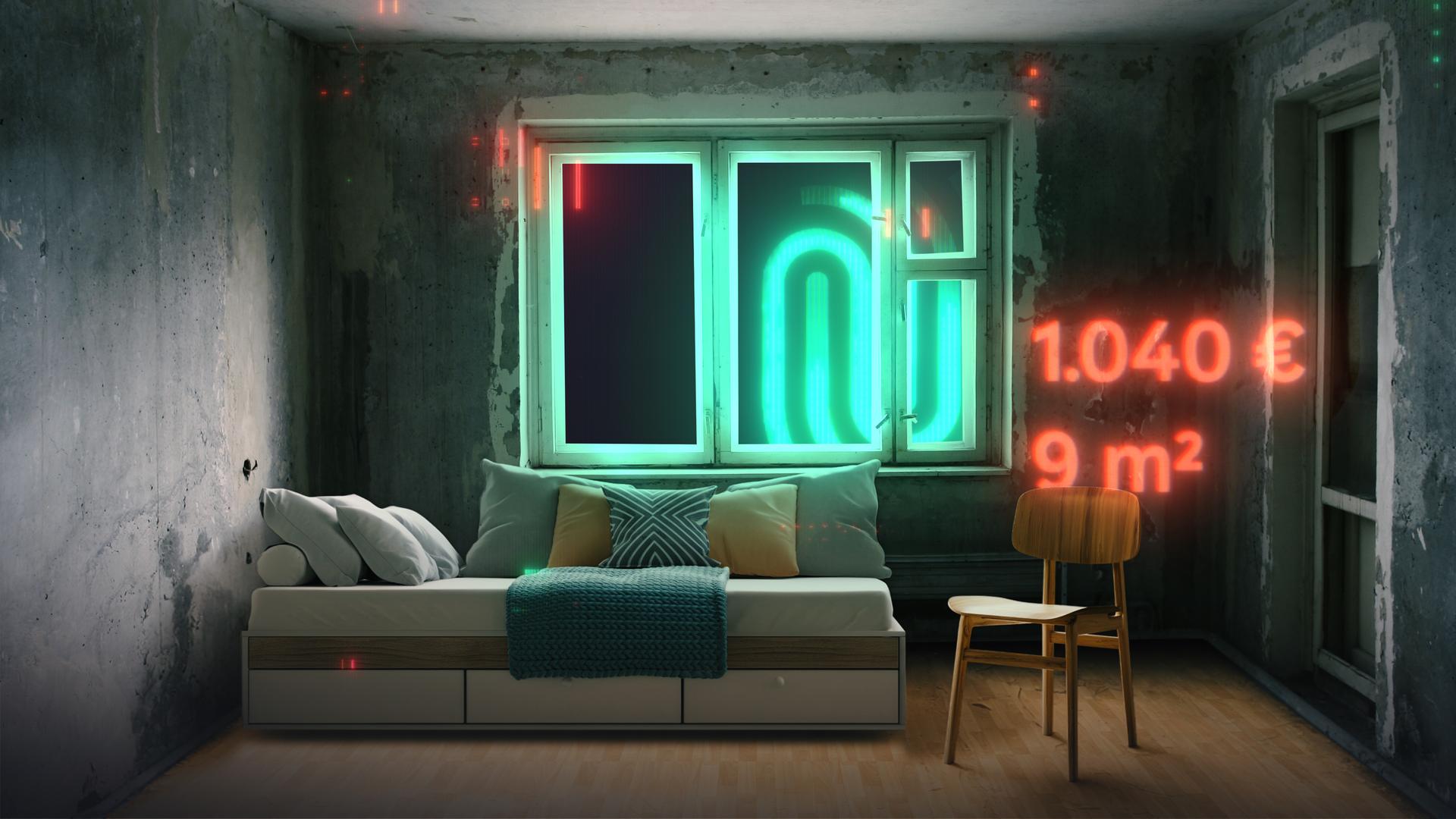 Ein Zimmer mit kahlen Wänden und kargem Einrichtungsstil. Im Vordergrund Mietpreis in rot sowie grünes Spur-Logo 